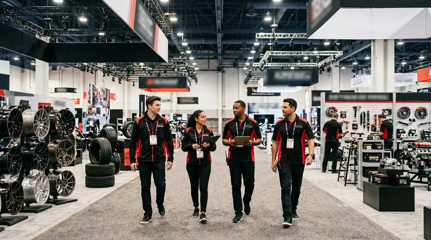 Four booth staff in matching outfits walking an automotive aftermarket parts expo hall before the doors open