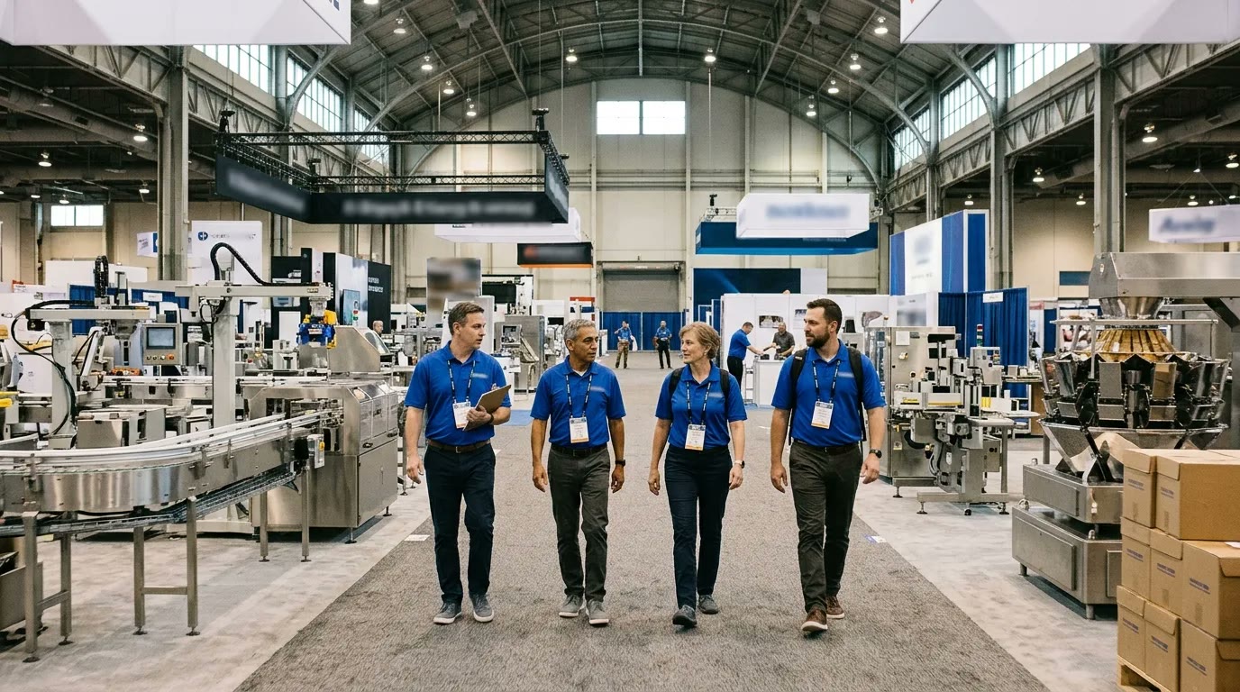 Four booth staff in matching outfits walking through a quiet packaging and processing machinery hall before the doors open