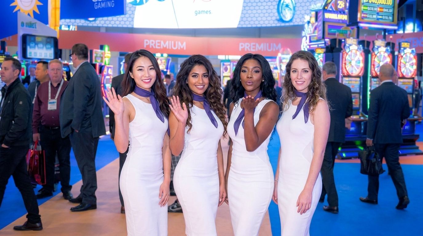Four brand models in white dresses and violet neck scarves waving visitors toward a gaming expo booth