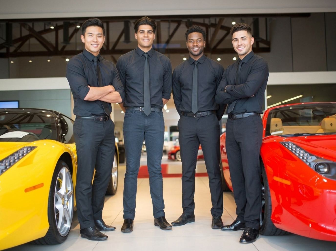 Four booth hosts in black dress shirts, black ties and black trousers standing between a yellow and a red sports car in a bright showroom