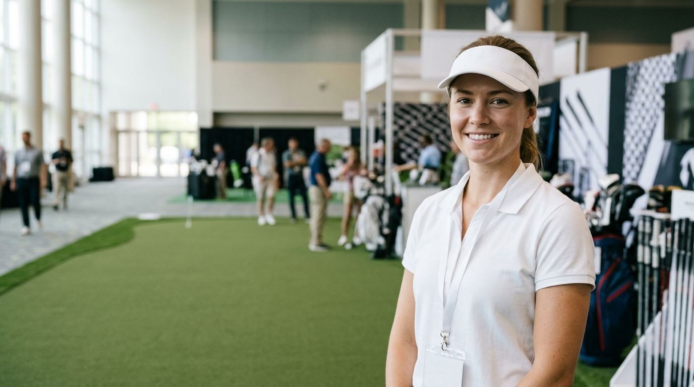 Golf equipment booth with a putting green and club walls, booth staff in white polos and visors on an Orlando show floor
