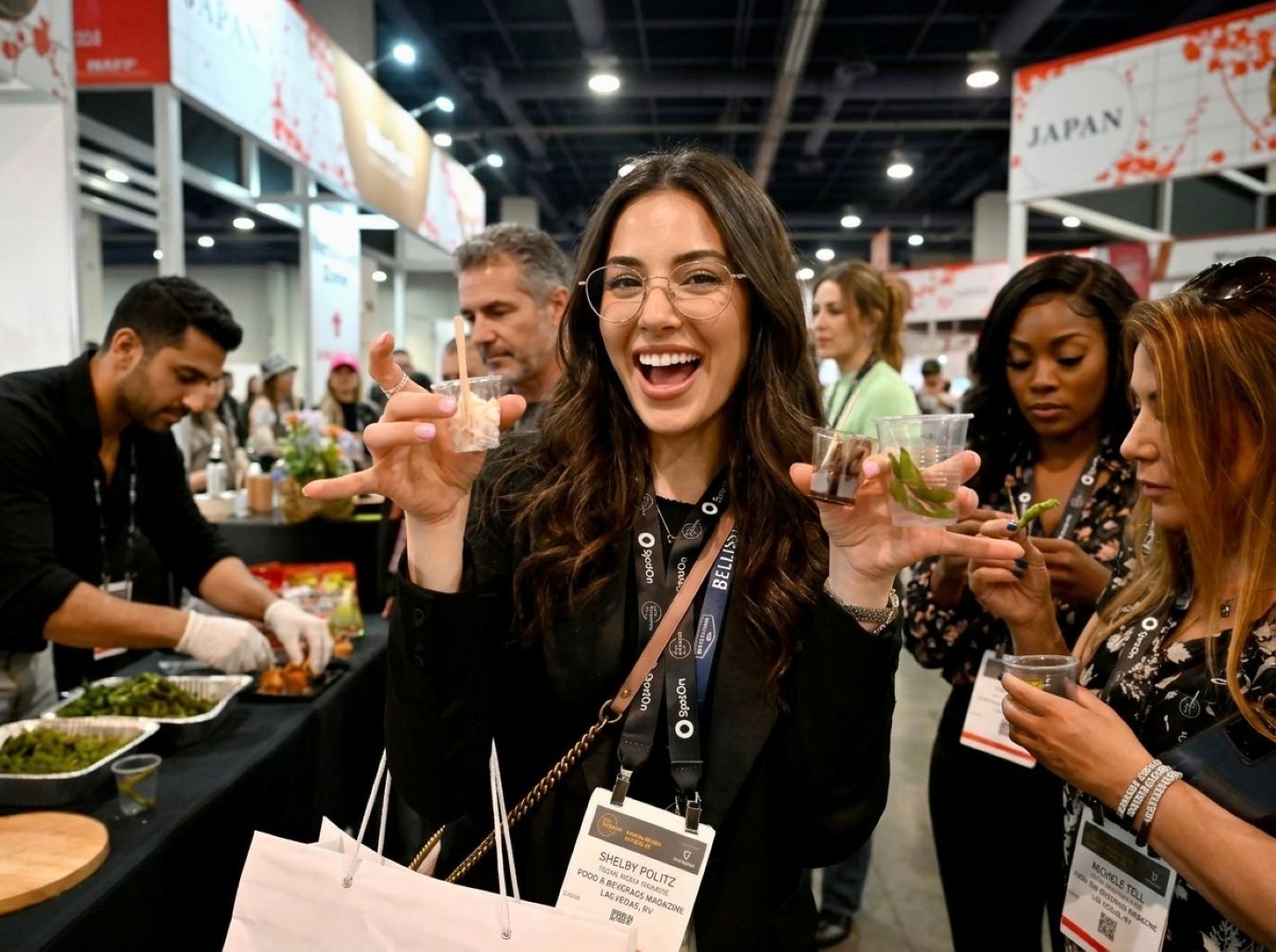 Guest in a black blazer and lanyard smiling with two tasting cups at a crowded sampling counter, the aisle energy InfoComm brand ambassadors work to create