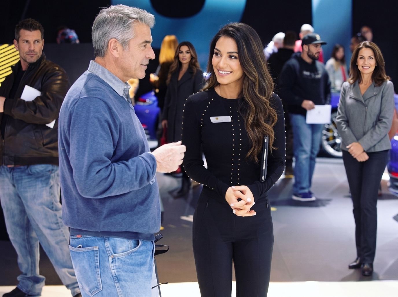 Host in a black long-sleeve top with a name badge and a tablet under her arm talking with an older visitor on a busy show floor