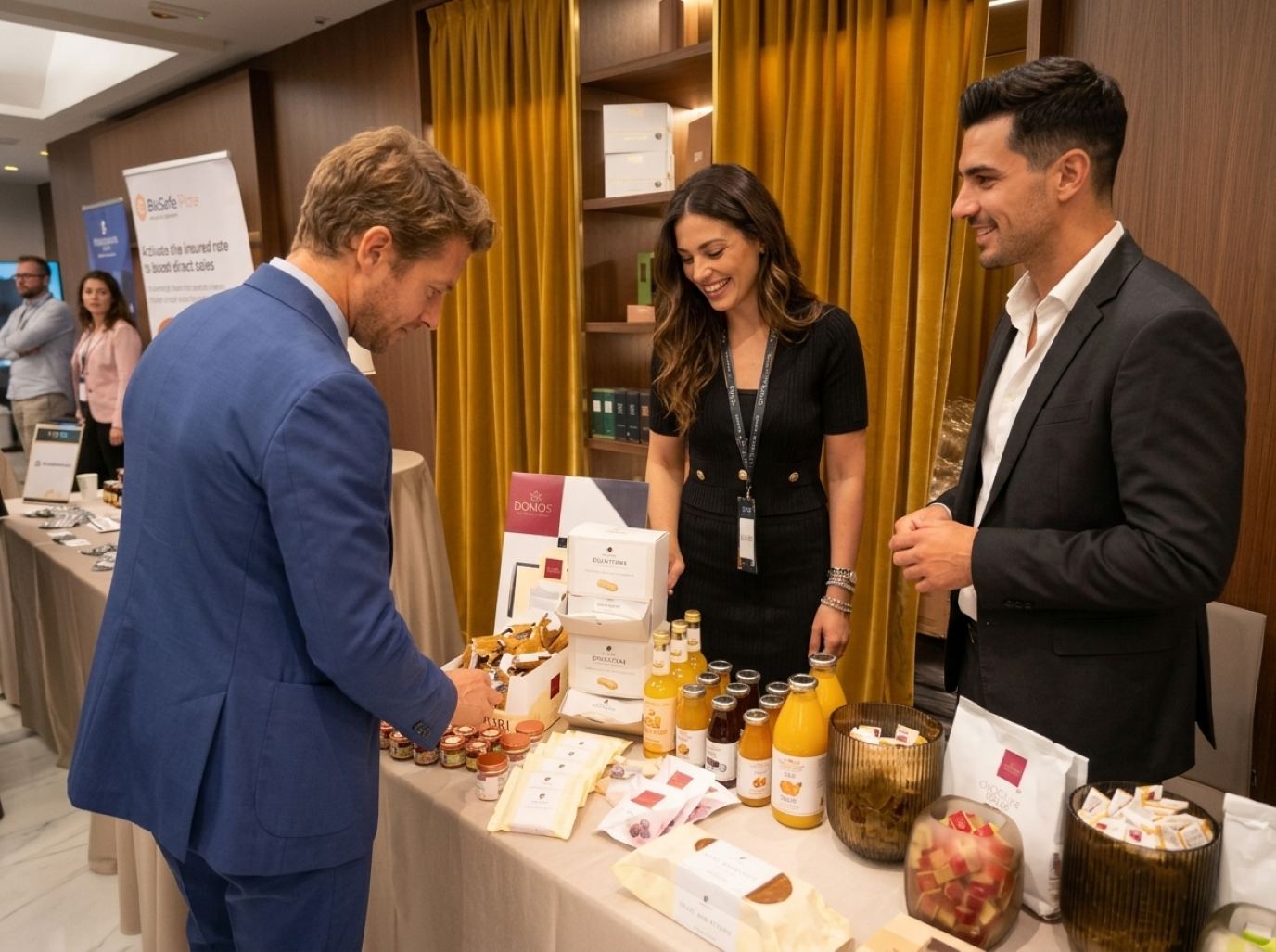 Hostess in a black knit dress and lanyard serving guests at a tasting table beside a colleague in a dark suit, a polished look for Black Hat trade show models at a hospitality suite
