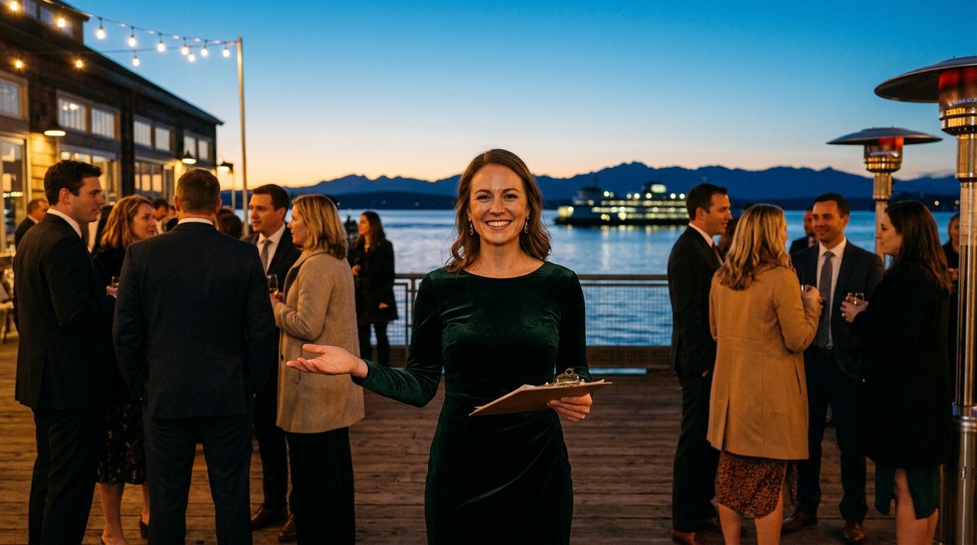 Hostess welcoming guests at a Seattle waterfront reception at dusk