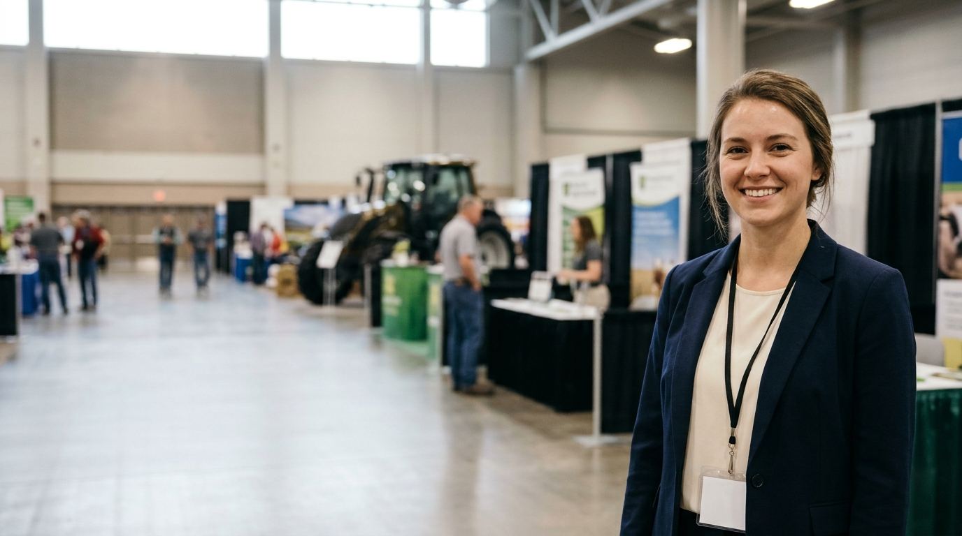 Kansas City Convention Center exhibit hall with agriculture and animal health booths and a brand ambassador in a navy blazer at the right
