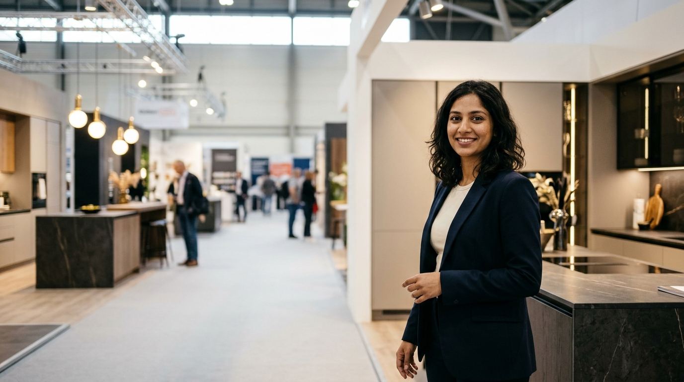 Booth host in a navy blazer in a kitchen and bath show aisle lined with showroom kitchens and pendant lights