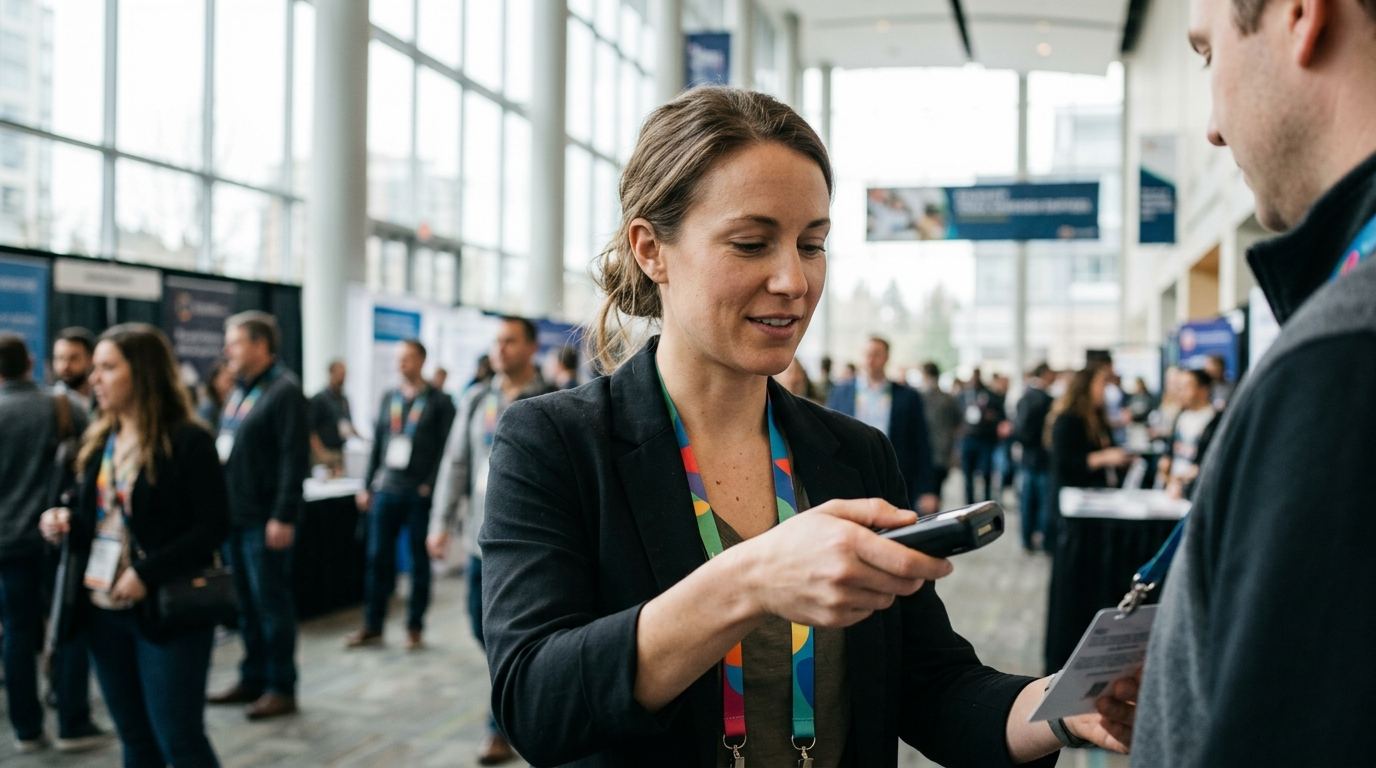 Lead qualifier scanning a visitor badge at a Seattle expo