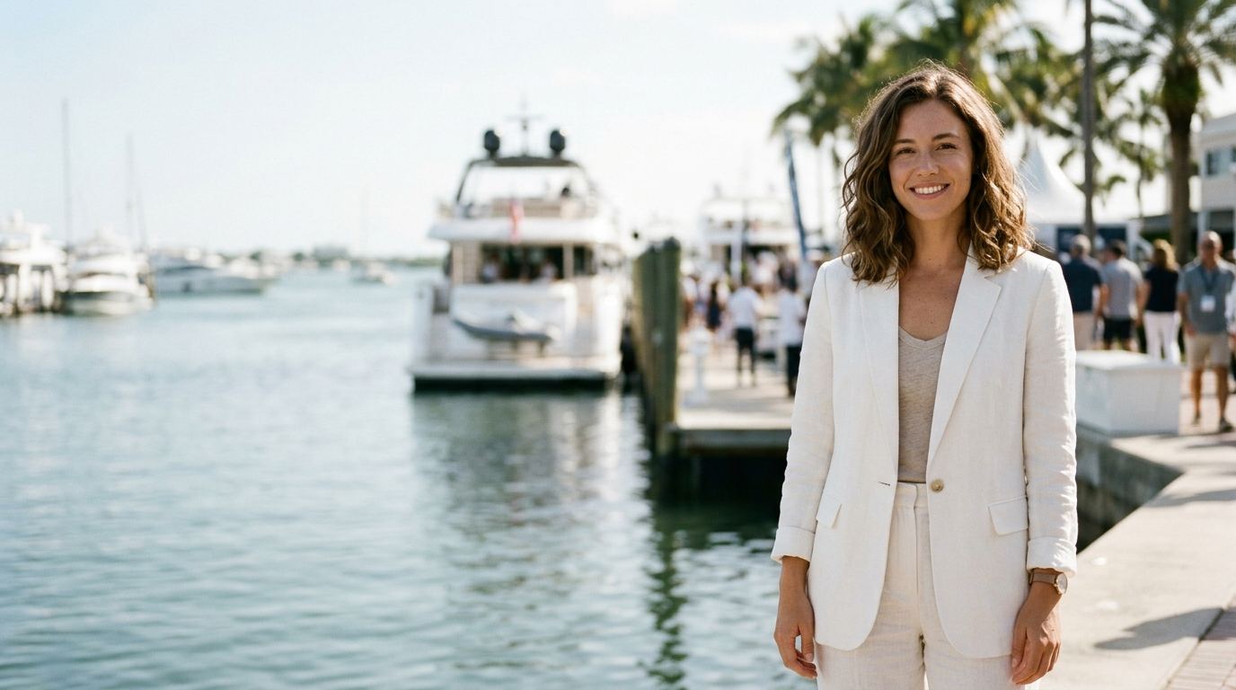 Event host in a white linen suit on a marina boardwalk, luxury yachts and boat show visitors behind her