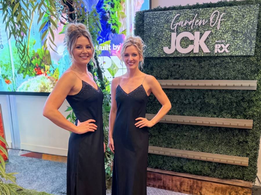 Two Purple Exhibits models at the JCK jewelry show inside Venetian Expo, Las Vegas