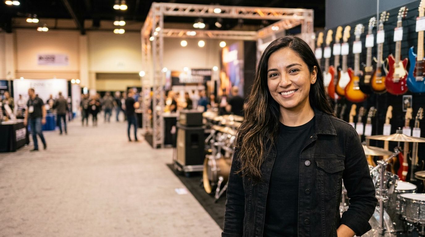 Booth host in a black jacket in front of a guitar wall and drum kits in a music products exhibit hall