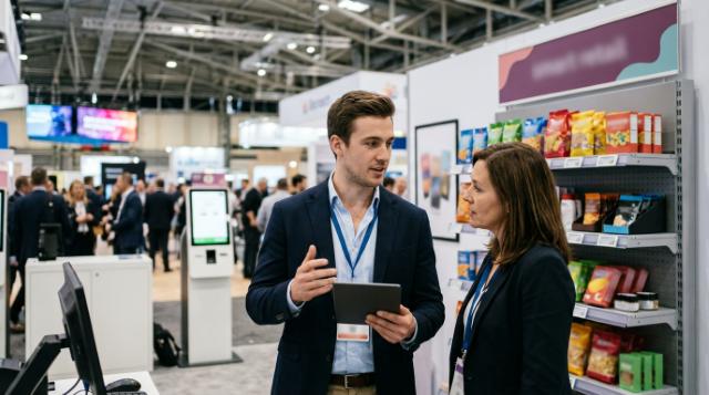 Booth representative in a navy blazer with a tablet beside a retail shelf, qualifying a buyer in a dark jacket
