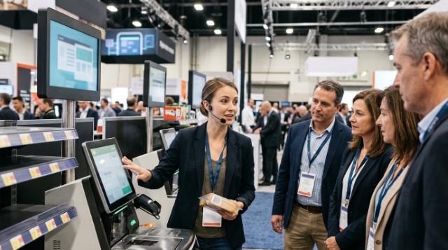 Demonstrator in a black blazer and headset mic scanning a product at a self-checkout kiosk for a group of retail buyers