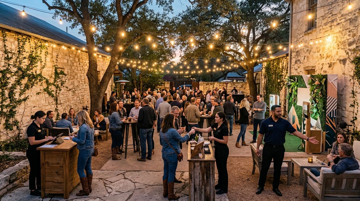 Outdoor patio brand activation at dusk with string lights and Purple staff in Austin