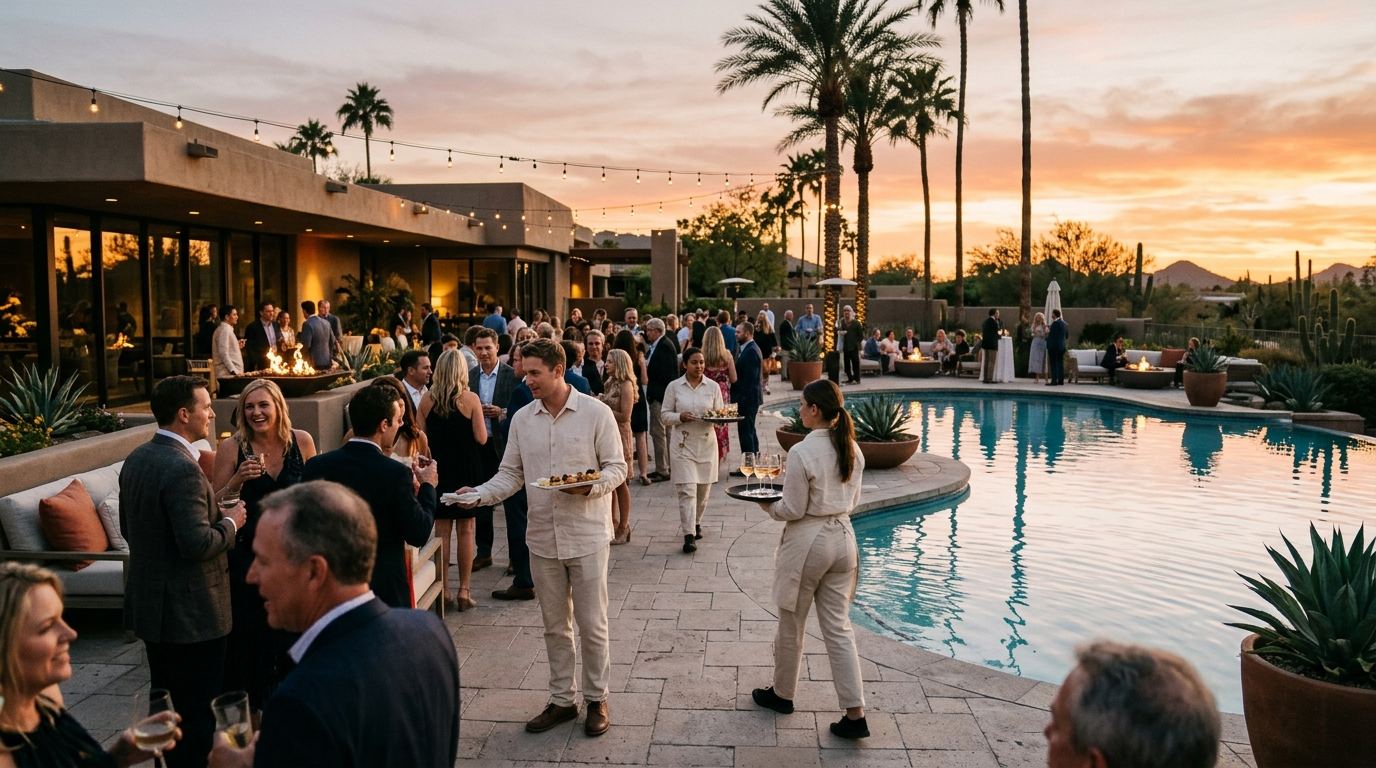 Poolside resort reception at sunset in Scottsdale with Purple hosts serving guests