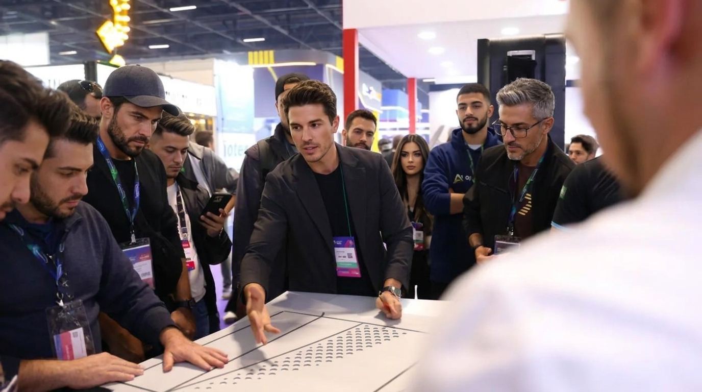 Presenter in a black blazer showing a hardware panel on a demo table to a crowd of badge-wearing visitors