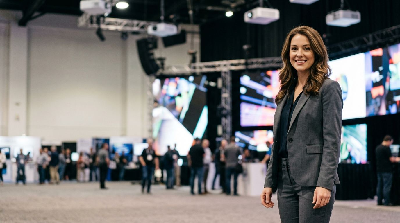 Pro AV expo hall with giant LED walls, projectors and line array speakers, and a brand ambassador in a charcoal suit