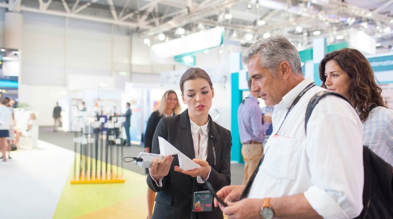Product presenter in a black suit and white blouse holding a handheld device and a spec card for a visitor in a white shirt, the kind of AWS re:Invent booth staff Purple books