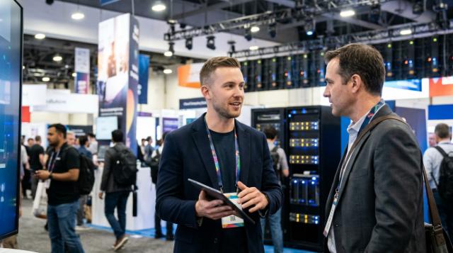 Booth rep in a navy blazer and lanyard holding a tablet while answering a visitor beside server racks at a tech expo