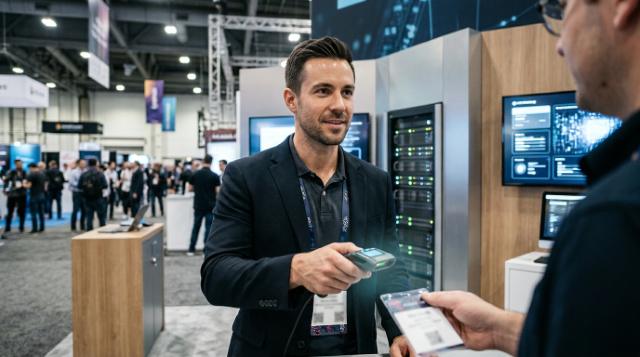 Brand ambassador in a dark blazer and lanyard scanning a visitor’s badge in front of a server rack display at a technology expo