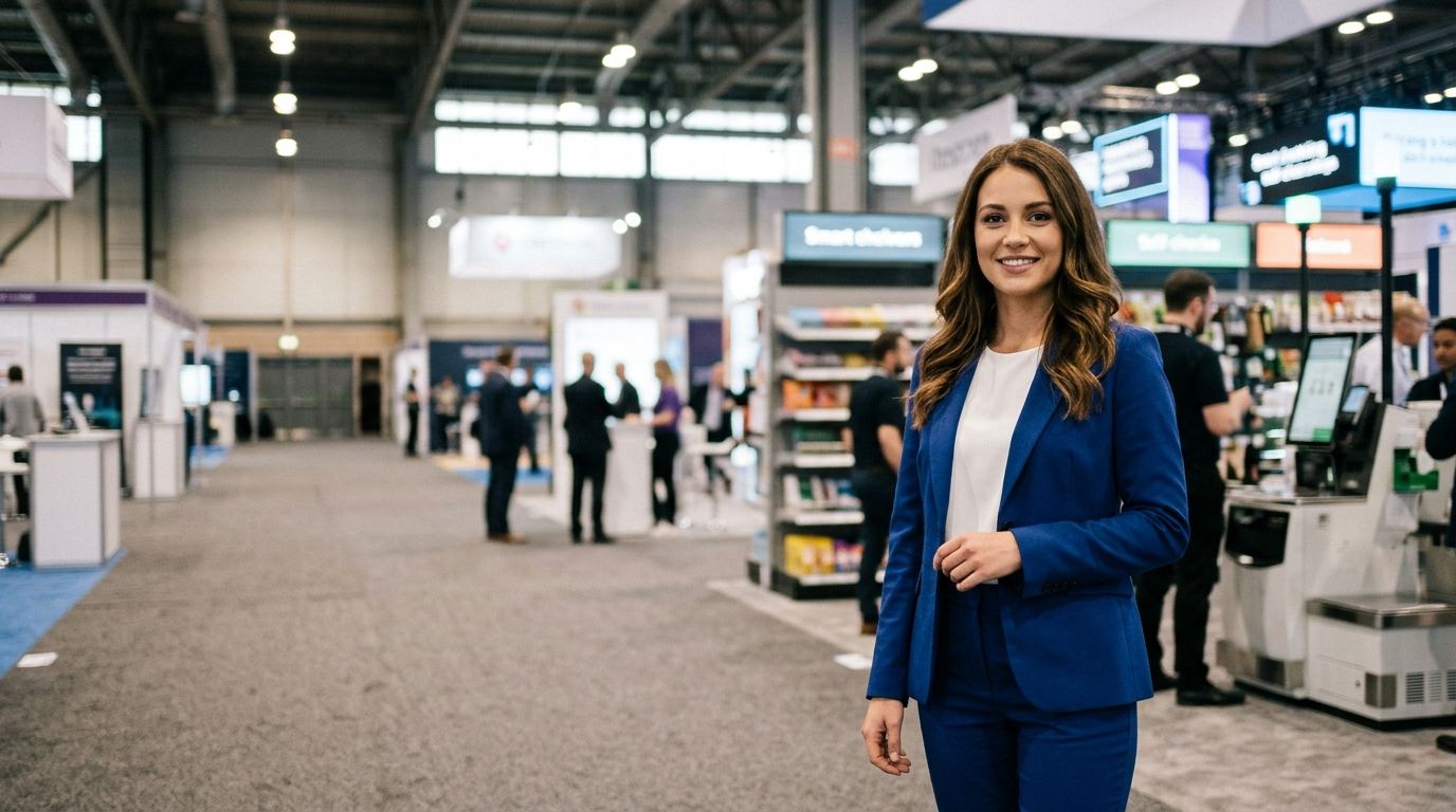 Retail technology expo hall with smart shelves and checkout systems, and a brand ambassador in a tailored outfit on the right side of the aisle