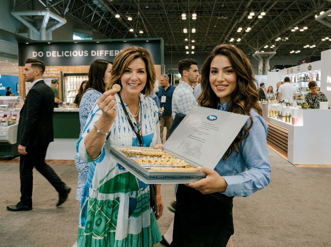 Sampling ambassador in a pale blue shirt offering a tray of pastries to a smiling visitor on a busy show floor