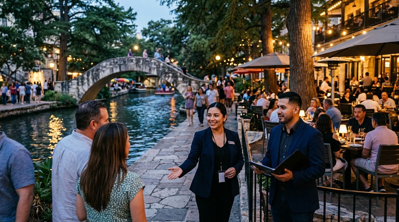San Antonio River Walk at dusk with Purple staff greeting arriving guests near a stone arch bridge