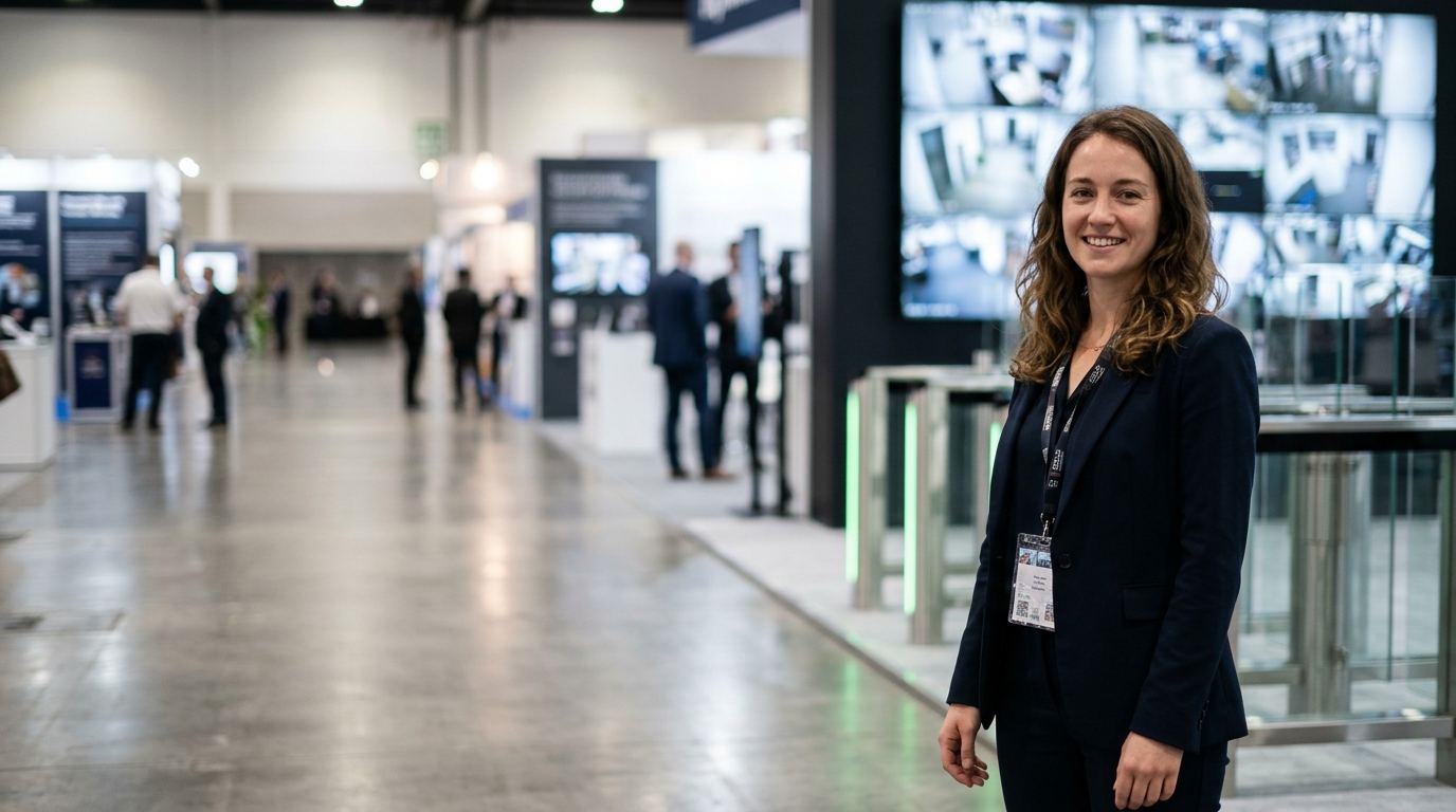 Security technology booth with a video wall of live camera feeds, access-control turnstiles and booth staff in dark blazers