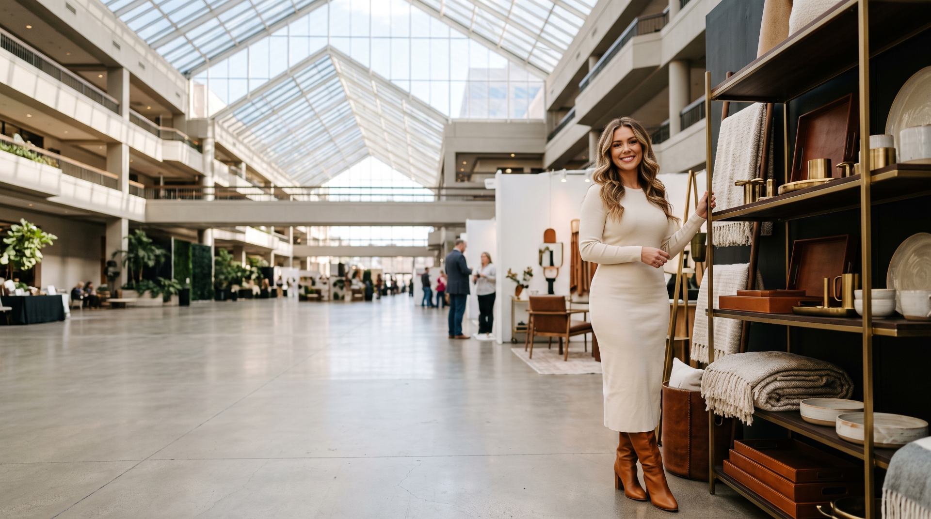Showroom host in a cream dress and cognac boots presenting a home decor collection in a Dallas market center atrium