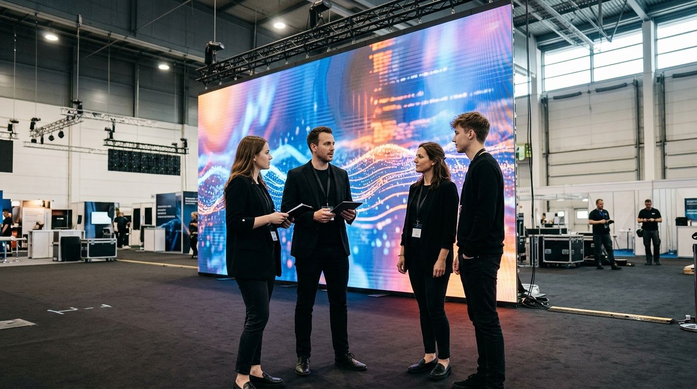 Team of four CES booth staff in black having a morning briefing in front of a giant LED wall before doors open