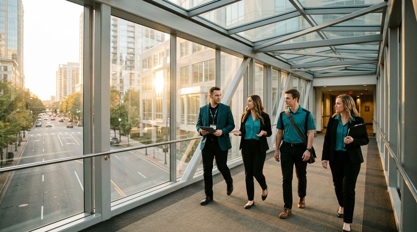 Team of four Charlotte event staff crossing a glass pedestrian bridge between a hotel and the convention center