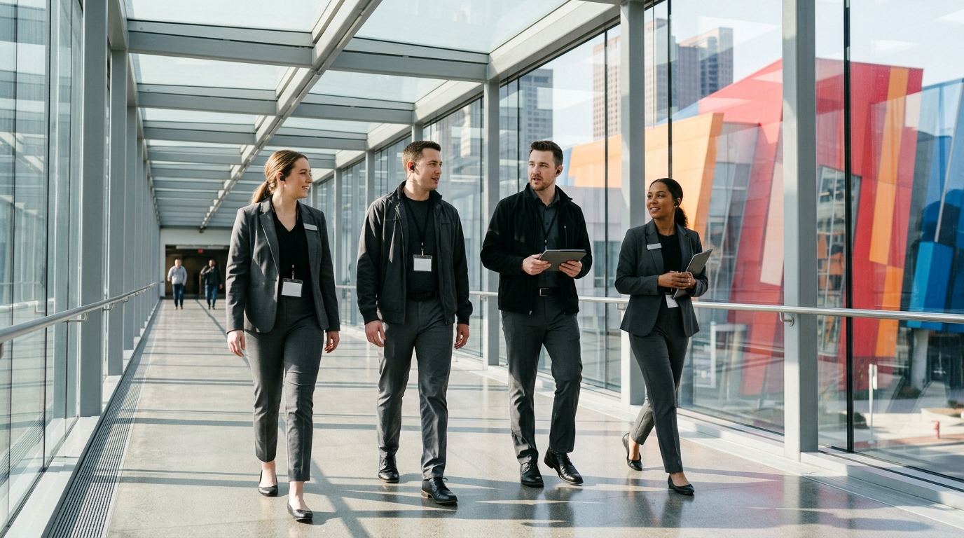 Team of four Columbus event staff walking through a glass walkway between a hotel and a colorful convention center