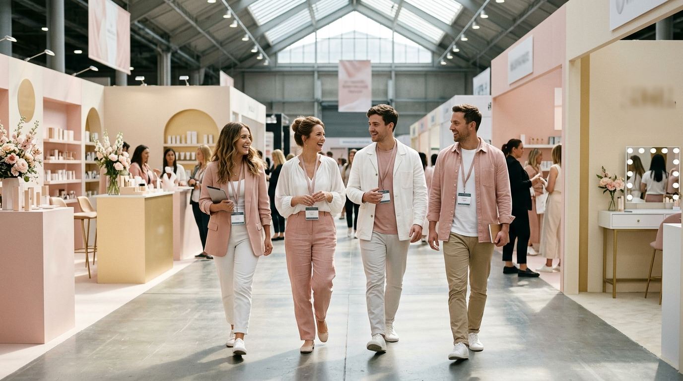 Team of four Cosmoprof booth staff in blush and white walking down a pastel beauty exhibition aisle
