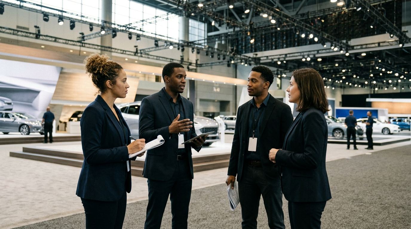 Team of four Detroit booth staff in a morning briefing at an auto show stand before doors open