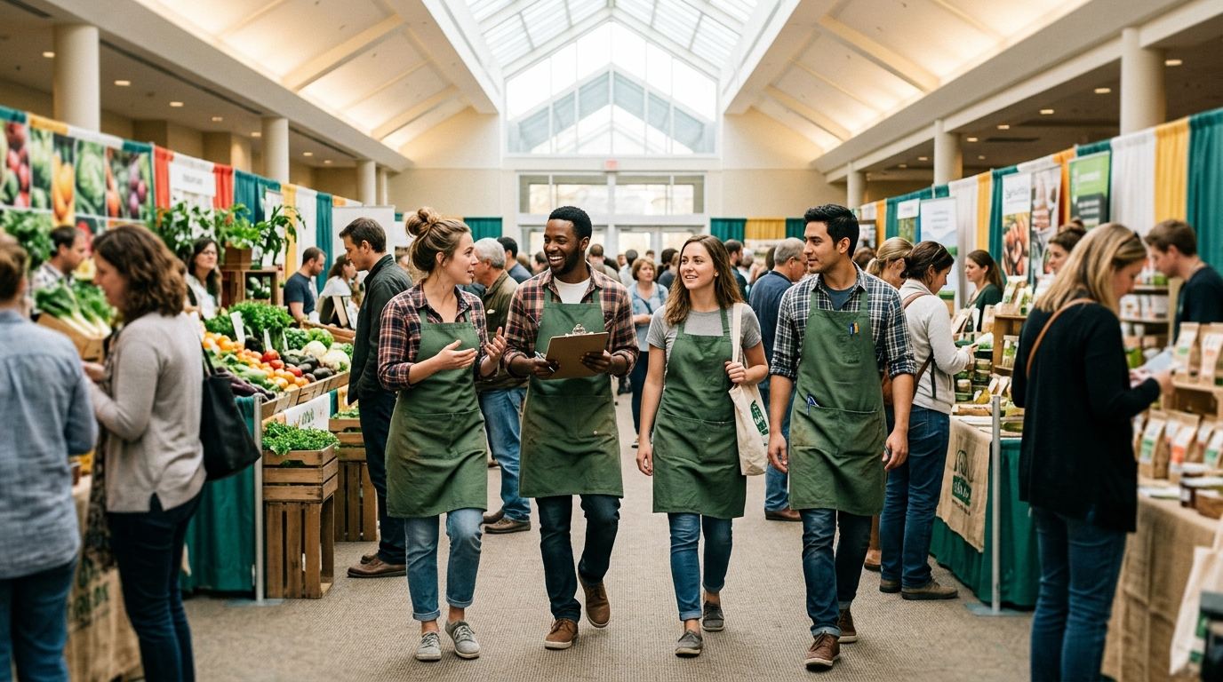 Team of four Expo West sampling staff in green aprons walking through a busy food exhibition aisle