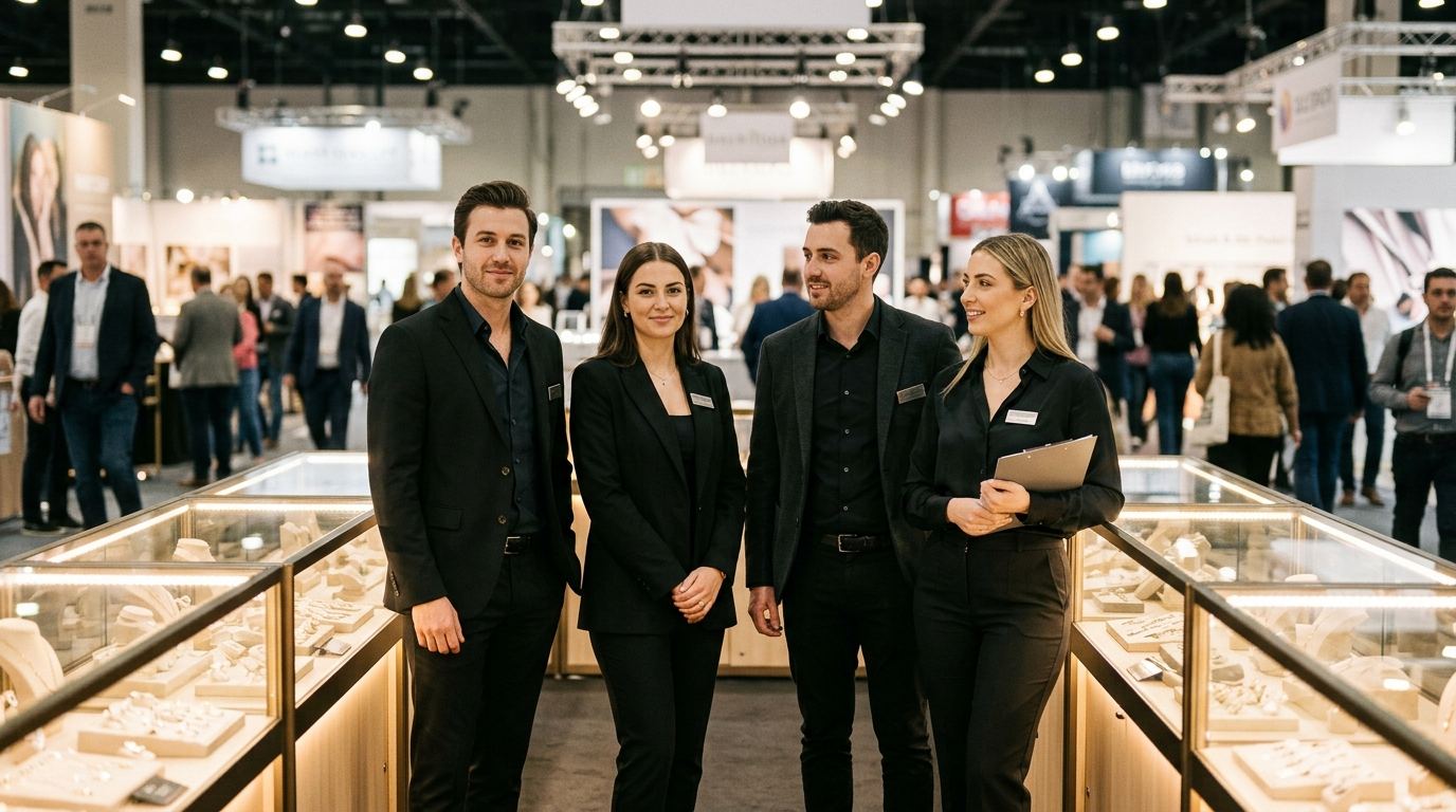 Team of four JCK booth staff in black formal attire beside glowing jewelry showcases before the doors open