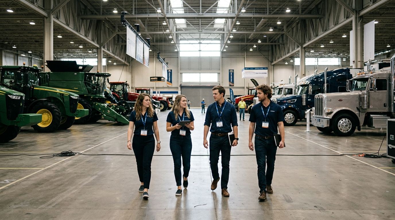 Team of four Louisville booth staff walking down an aisle of tractors and semi-trucks before the doors open