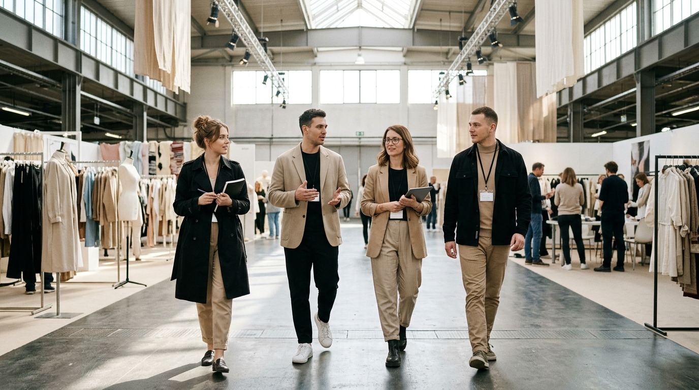 Team of four MAGIC models and hosts in beige and black walking down a bright fashion exhibition aisle