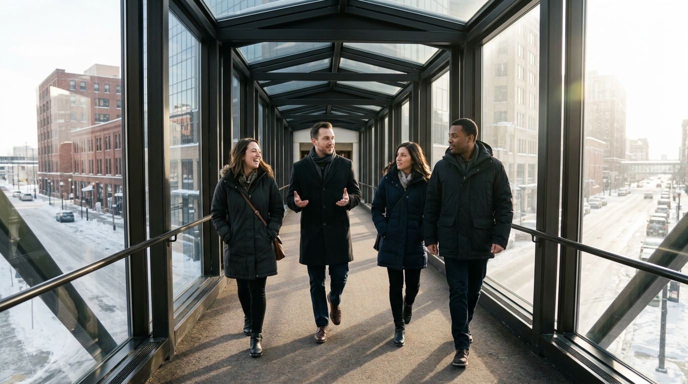 Team of four Minneapolis event staff in winter coats walking through a glass skyway above a snowy downtown street