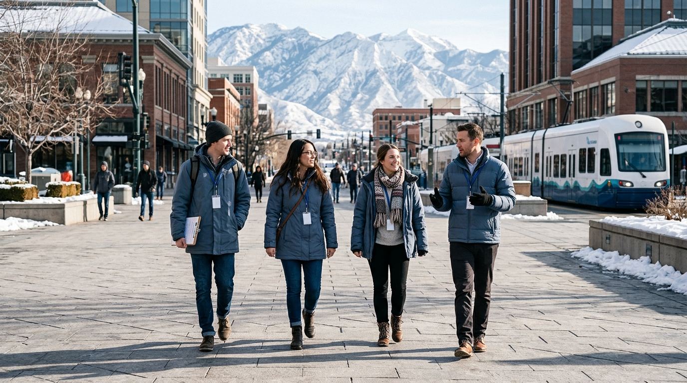 Team of four Salt Lake City event staff in slate-blue jackets walking across a downtown plaza with a light-rail train and snowy mountains behind