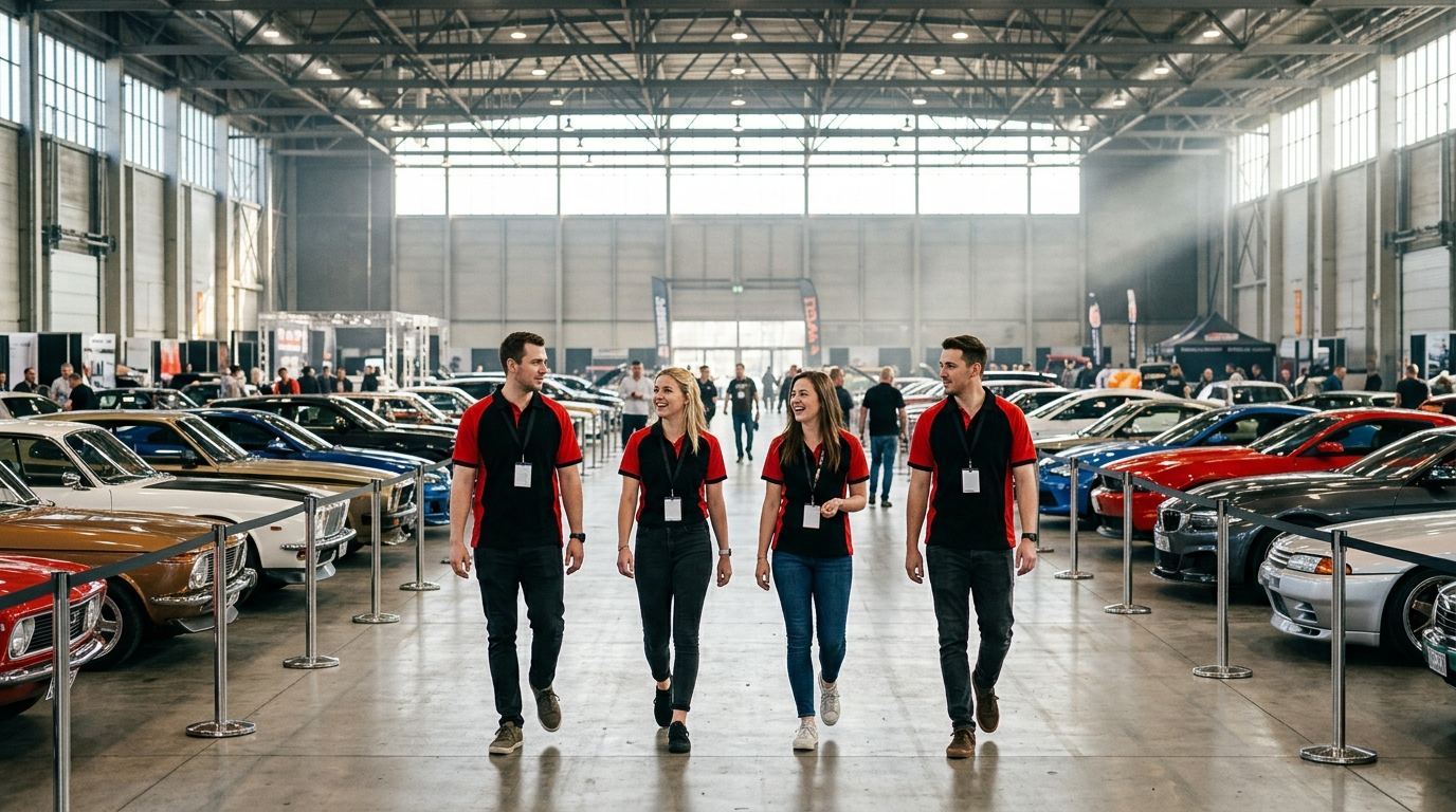 Team of four SEMA booth staff in black and red polos walking past rows of custom cars in the morning