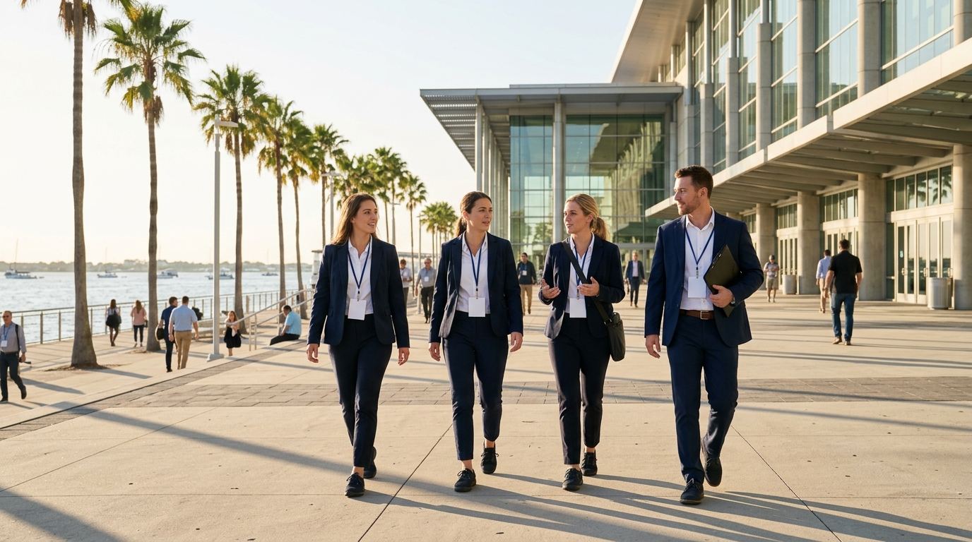 Team of four Tampa event staff walking along a palm-lined waterfront walkway beside the convention center at golden hour