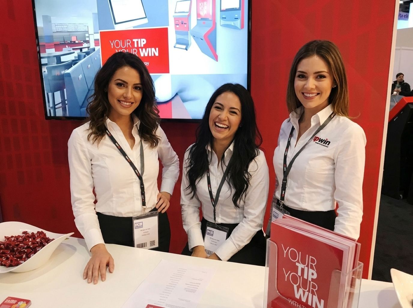 Three booth hosts in white shirts and black skirts at a red exhibit counter with brochures, a team look for St. Louis convention booths