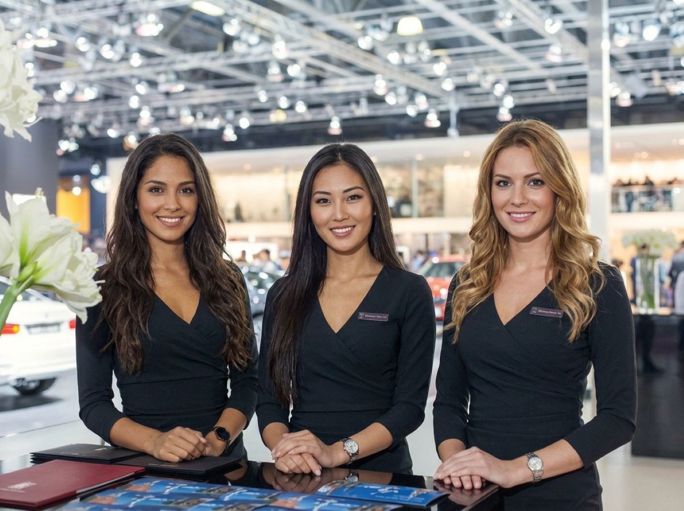 Three hostesses in matching black outfits standing together at an exhibit booth, the kind of welcome crew Purple sends to Fort Lauderdale shows