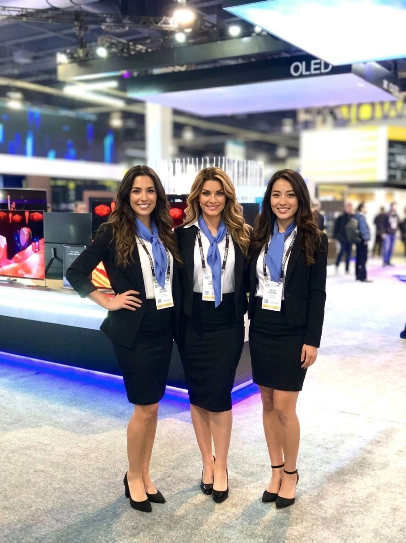 Three hosts in black blazers, white blouses and light blue scarves with lanyard badges standing in front of a display booth