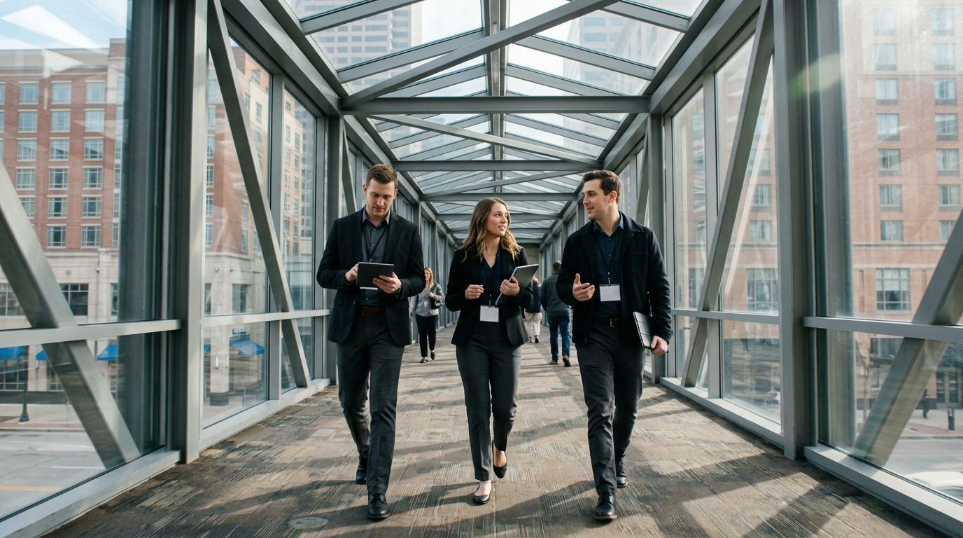 Three Purple booth staff walking through an enclosed glass skywalk in downtown Indianapolis