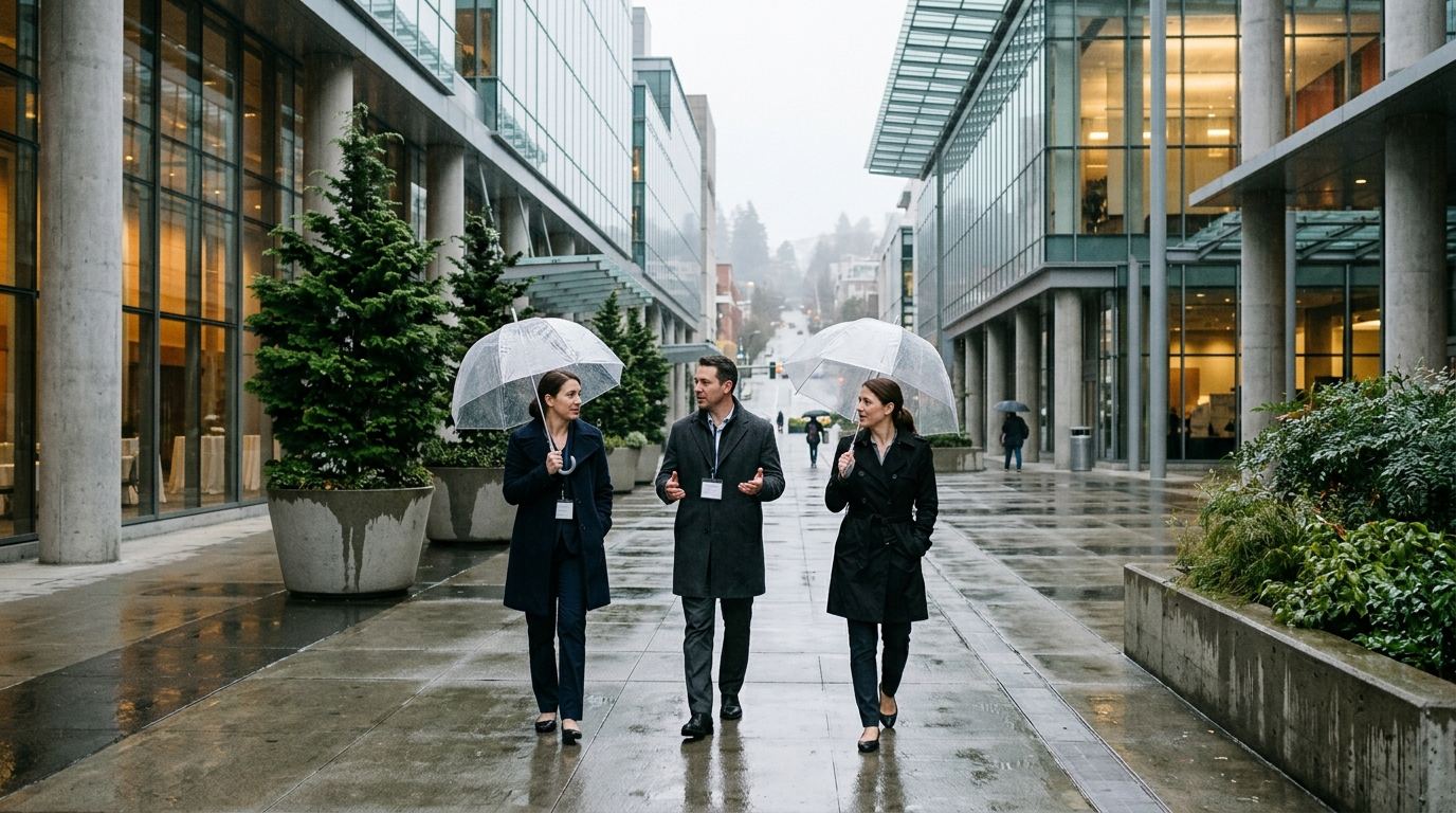 Three Purple booth staff with umbrellas walking between the two Seattle Convention Center buildings in the rain
