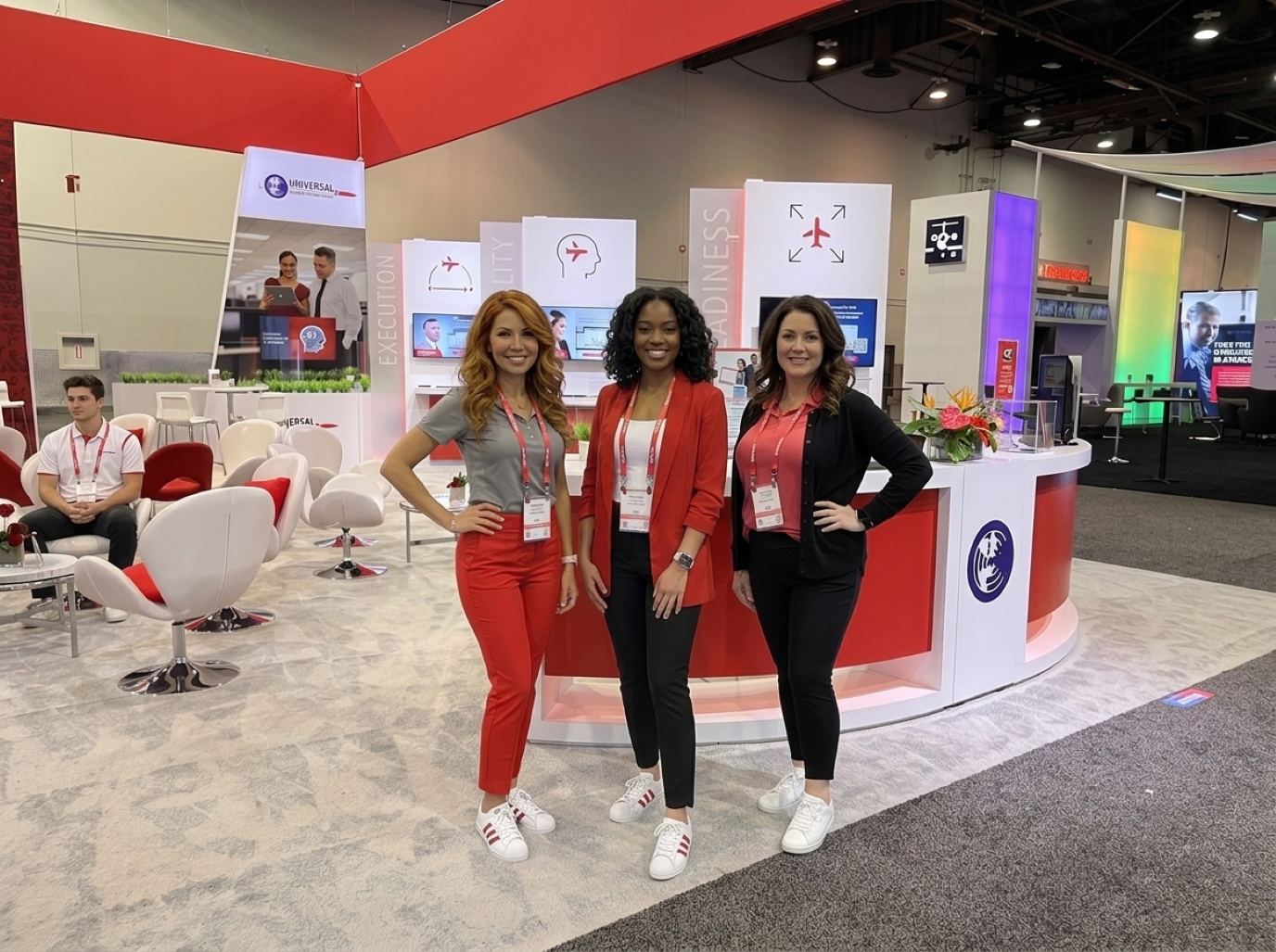 Three hosts in red and grey polos, a red blazer and a black cardigan with lanyards in front of a red and white island booth with a curved counter