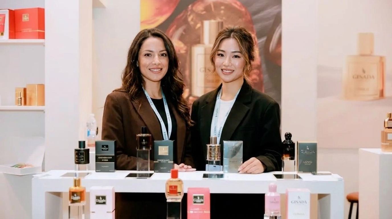 Two booth hosts in tailored brown and black blazers at a white product counter, the polished look of Purple's TISE booth staff