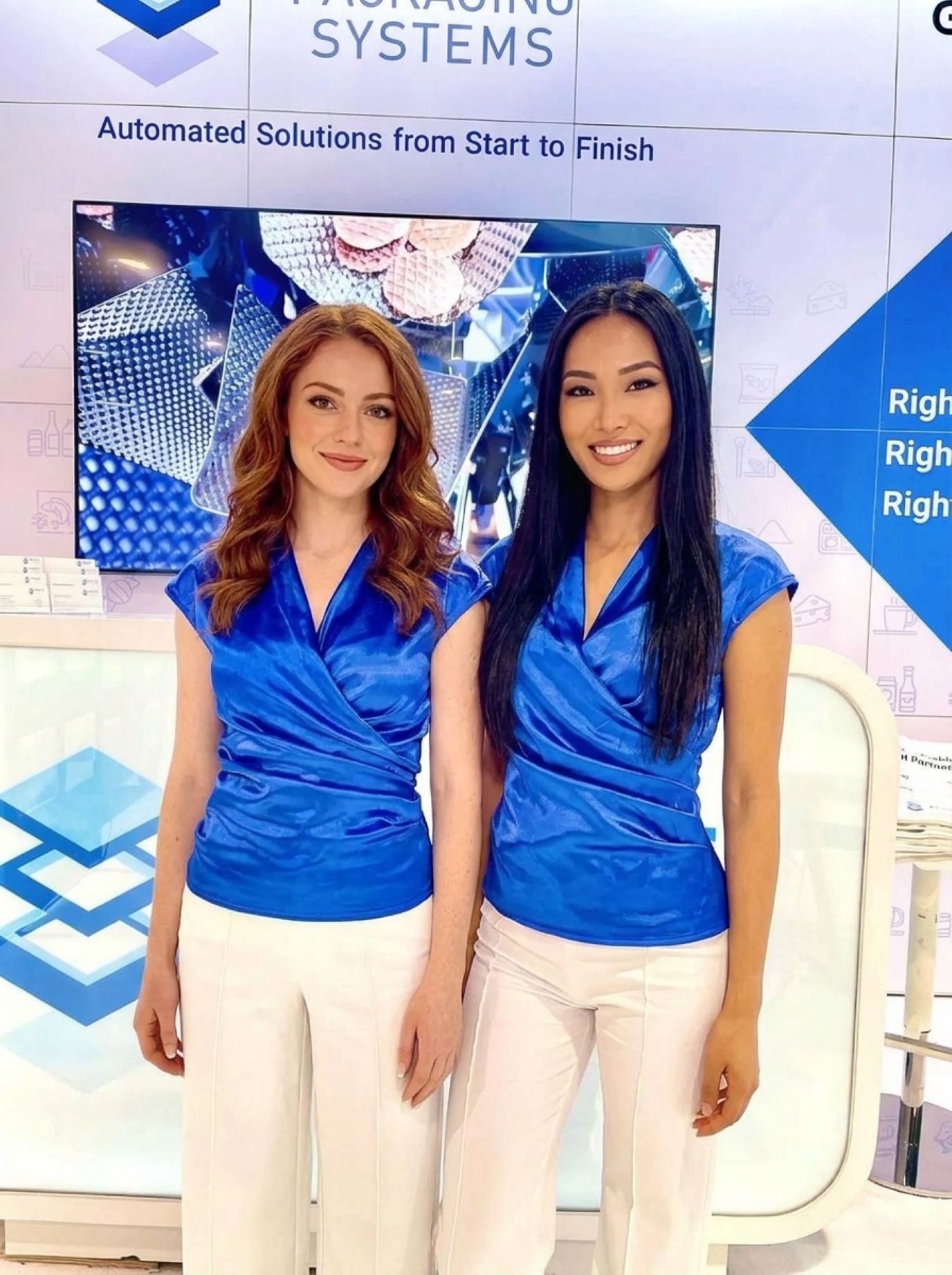 Two hosts in royal blue satin wrap tops and white wide-leg trousers in front of a video screen, a crisp matching look for NAB Show booth staff
